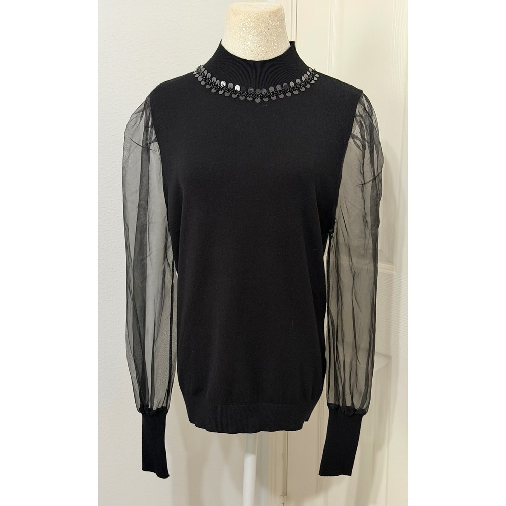Siani Milano Women's Mock Neck Sequin Sheer Mesh Puff Sleeve Top glam boutique